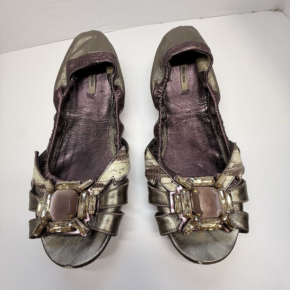 MIU MIU Matallic Leather Jeweled Embellished Open Toe Ballet Flat Slip On Shoes